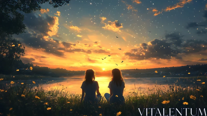 Two girls watch glowing sunset by calm lakeside meadow.
