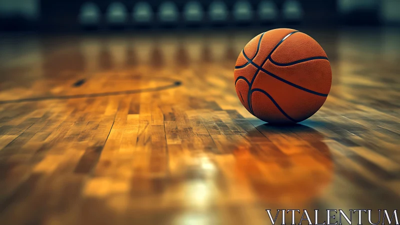 Orange basketball rests on glossy hardwood court with shallow focus