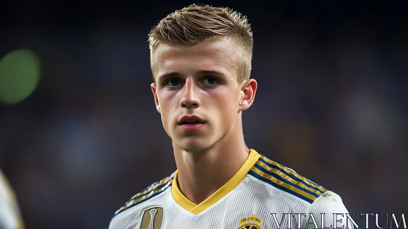 Male soccer player in white jersey during match, close-up.