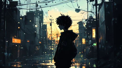 Silhouetted youth in neonlit alley at moody urban twilight.