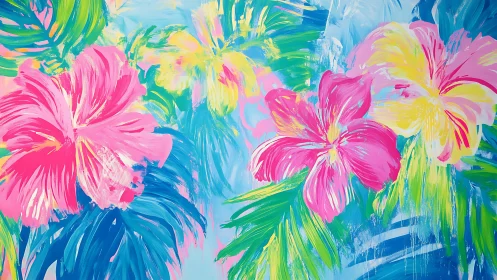 Expressive tropical hibiscus study in saturated neon palette