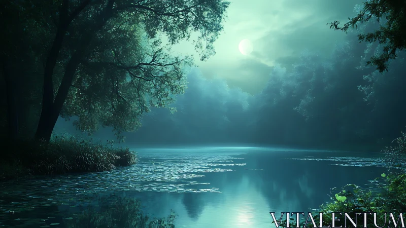 Nocturnal forest lake under diffuse moonlit atmospheric haze