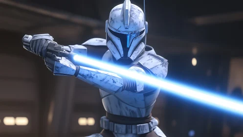 Armored sci fi trooper wielding glowing blue energy sword