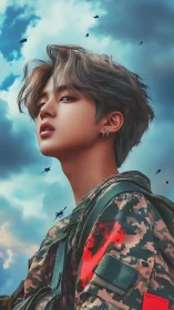 Digital painting portrait of soldier under dramatic sky backdrop.