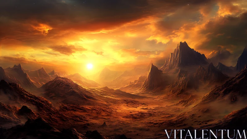 Rocky alien desert landscape under intense orange sunset.