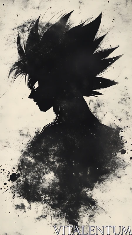 Ink-splatter silhouette of spiky-haired anime warrior.