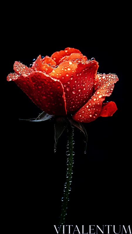 Red Rose with Water Droplets on Black Background.