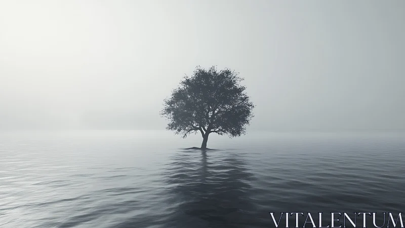Solitary tree rising through mist over glasslike water.
