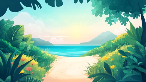 Digital illustration of tropical coastal landscape with volumetric lighting and layered depth compos