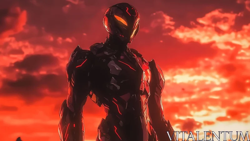 Armored sci fi figure against intense red sunset sky.