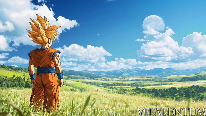 Anime warrior observing bright valley and distant moon.