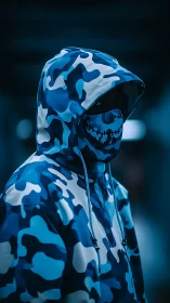 Hooded figure in blue camo jacket and skull mask at night.