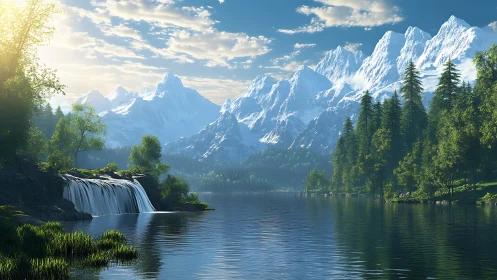Mountain lake landscape with waterfall and pine forest.