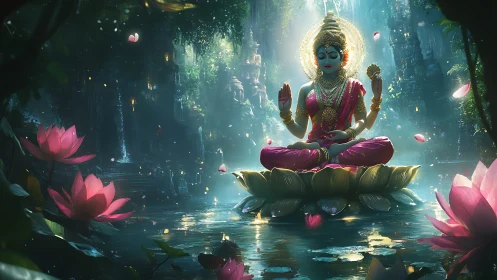 Deity statue sits on lotus platform in illuminated water garden