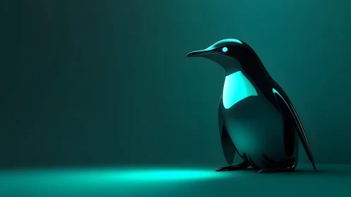 Glossy Futuristic Penguin Sculpture in Minimalist Teal Lighting.