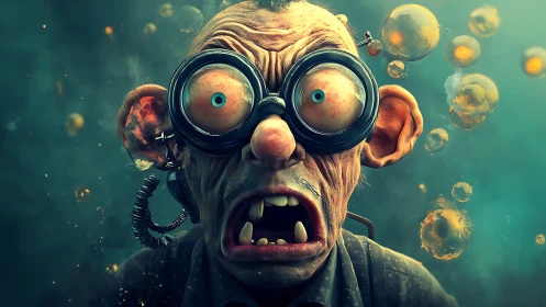 Panicked bubblebound inventor with runaway goggles explosion.