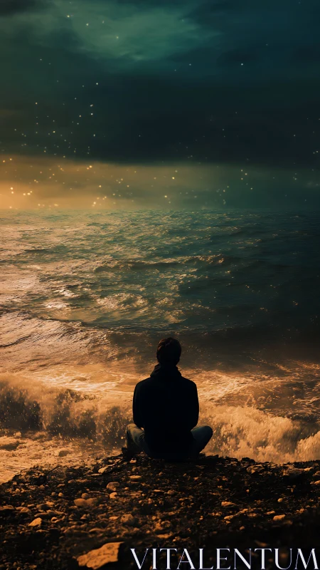 Solitary figure watches stormy ocean under glowing night sky
