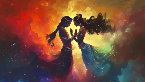 Celestial Dance: Two Silhouettes Collide in Radiant Infinity.