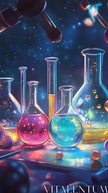 Colored chemical glassware is arranged under diffuse laboratory light