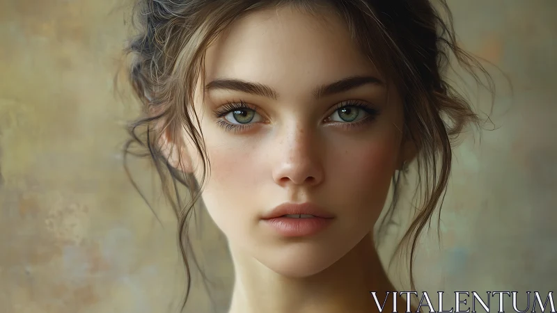 Rendered close-up portrait shows a young woman facing camera