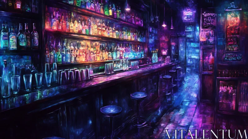 Neon city bar glows with colorful bottles and quiet charm