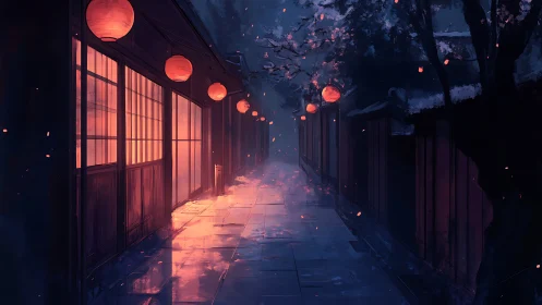 Lantern lit alley with wet pavement and traditional building.