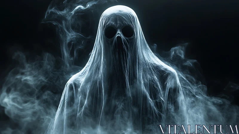 Spectral ghost rises from swirling smoke in eerie darkness