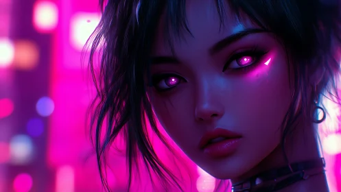 Neon-eyed cyber girl gazes through electric magenta night.