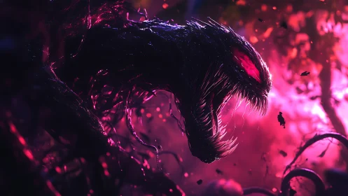 Alien creature profile in vivid pink and purple light.