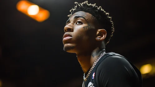 High-contrast courtside portrait under arena key lighting.