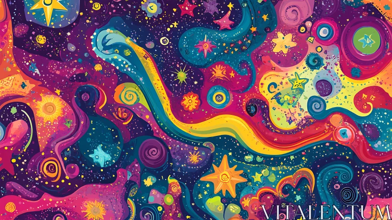 Color-saturated cosmic swirl with stars and abstract shapes.