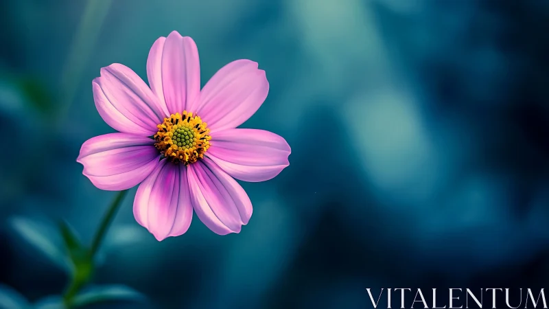 Pink Cosmos Flower with Yellow Center Against Teal Blur.