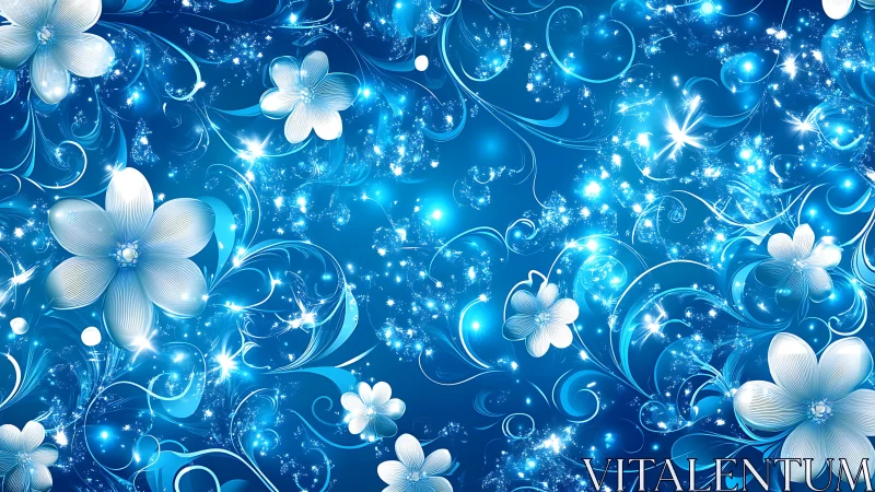 Digital composition with luminescent floral elements on deep blue background