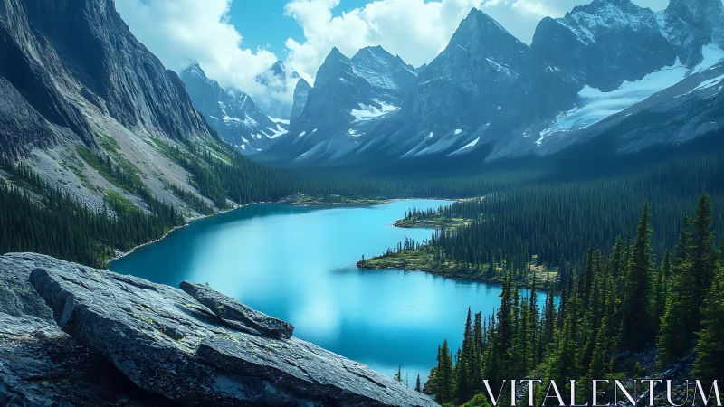 Mountain lake basin with conifer forest and rocky slopes.