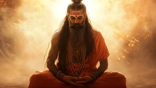 Backlit ascetic in lotus pose under volumetric golden light field