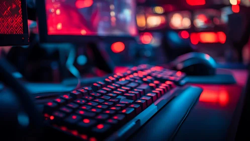 Cozy gaming keyboard glowing in soft neon red and blue light.