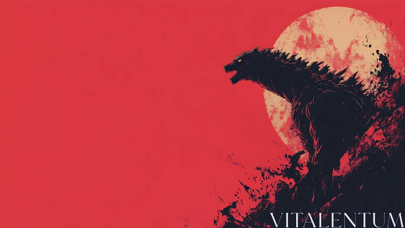 Silhouetted kaiju erupts against scarlet field and distressed sun