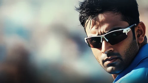Man in white sports sunglasses against blurred outdoor backdrop.