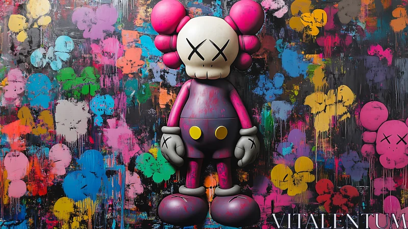 Vinyl-style skull cartoon figure on neon graffiti backdrop