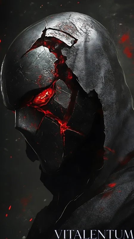 Cracked black helmeted figure with red glowing fissures profile.