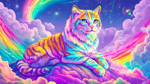 Chromatic neon feline resting on iridescent clouds under stellar arcs