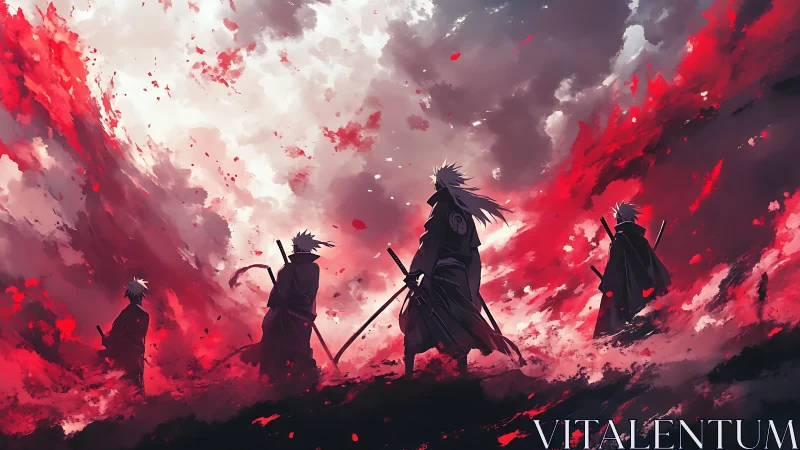 Samurai silhouettes stride through crimson storm sky.