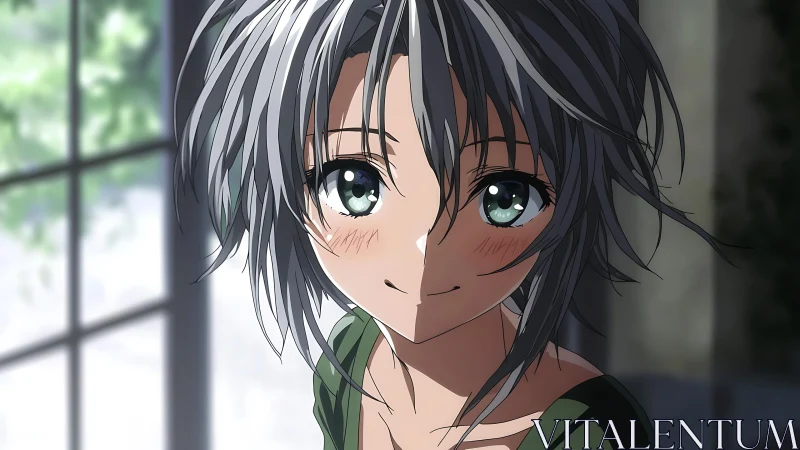 Soft sunlight warms a shy anime smile in a quiet doorway