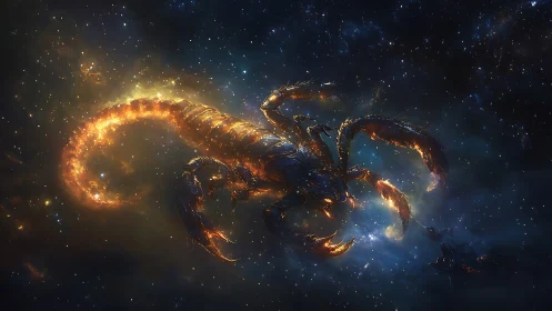 Celestial ember scorpion unfurls its burning tail in starlight.