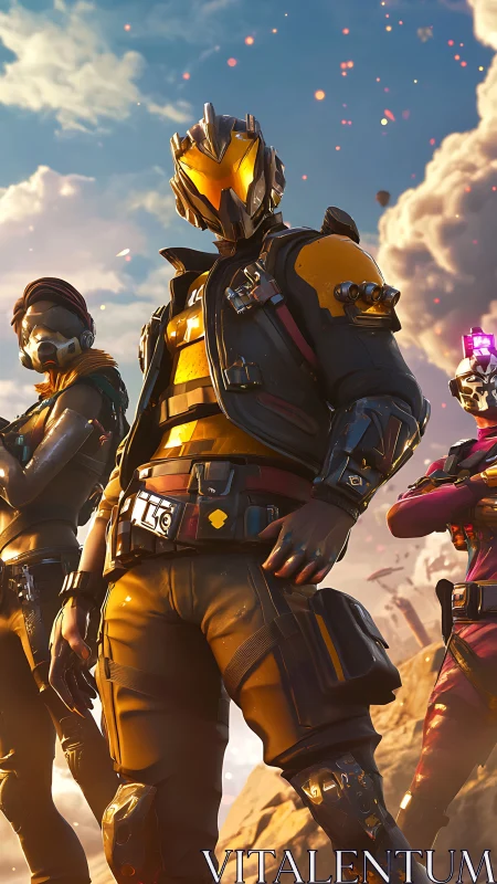 Neon-helmed space raiders claim a burning skyfront horizon.