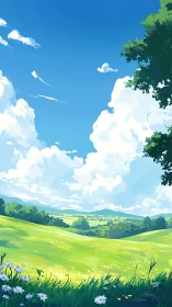 Sunny green meadow under expansive blue sky clouds.