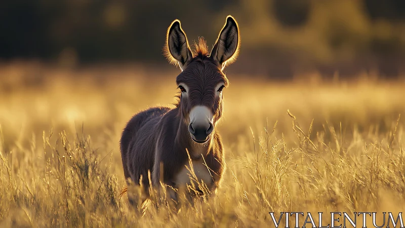 Young donkey in golden backlit field with shallow depth of field