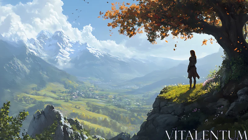 Solitary figure surveys sunlit valley beneath autumn tree