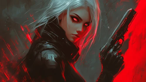 Cyberpunk femme fatale portrait with neon red side-lighting.