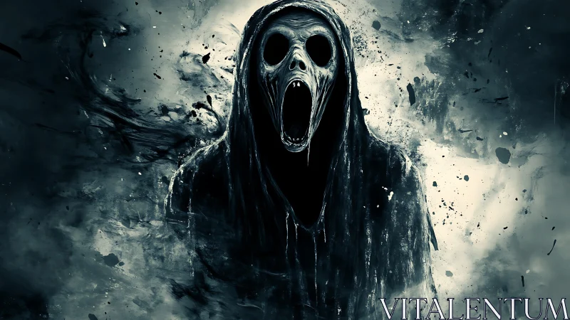 Spectral wraith portrait with hooded cloak and voided scream